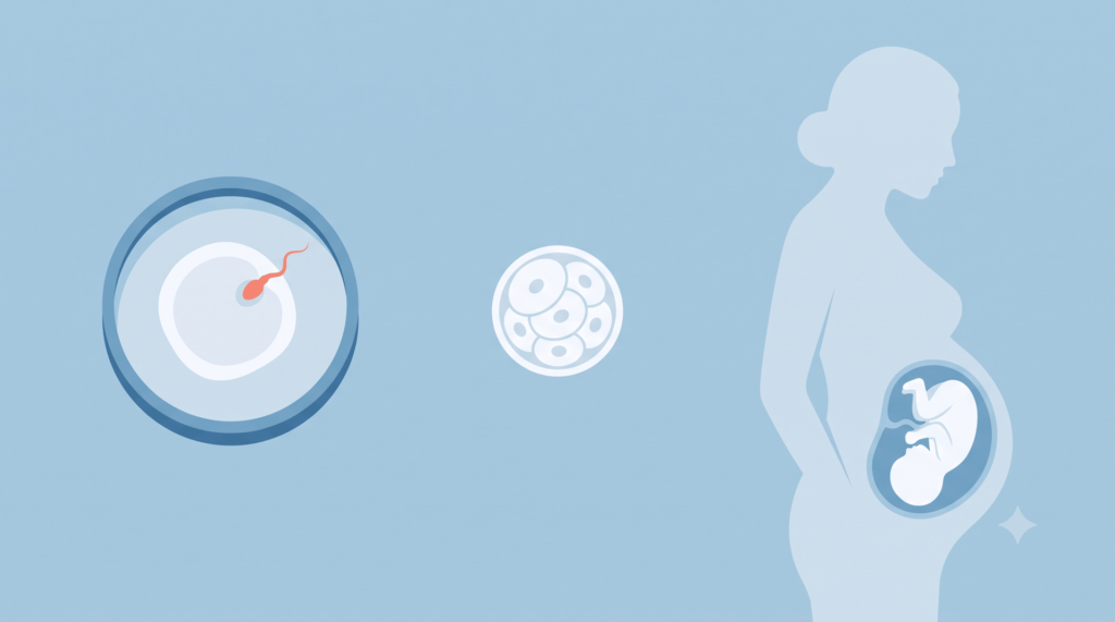Illustration showing IVF beginning with an egg and sperm in a lab dish, forming an embryo, then a pregnant woman — explaining that test tube baby and IVF are the same